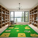 Green Kids Cartoon Bear Rug with Stars Fish