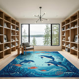 Playful Dolphins Ocean Blue Teal Area Rug