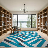 Blue and Teal Teal Geometric Maze Area Rug