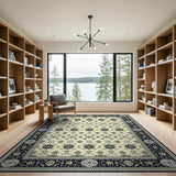 Navy Blue Border Ivory Persian Medallion Rug