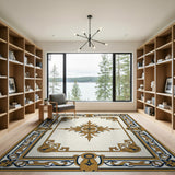 Ornate Gold Navy Bordered Ivory Area Rug
