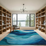 Modern Blue Ocean Wave Abstract Washable Area Rug, Low Pile Non-Slip Pet Friendly