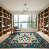 Teal Border Persian Floral Medallion Area Rug
