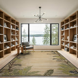 Beige Area Rug with Green Fern Border