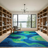 Abstract Swirling Wave Blue Teal Area Rug