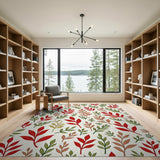 Vibrant Red Green Leaves Pattern Area Rug