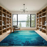 ODIKA Washable Teal Coral Ocean Area Rug - Non-Slip Low Pile Modern Coastal Decor