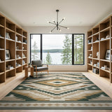 ODIKA Washable Southwestern Area Rug, Low Pile Forest Green & Tan Non-Slip Tribal Rug