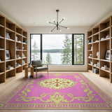 Pink Mandala Persian Area Rug with Gold Borders