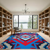 Vibrant Blue Red Geometric Southwestern Rug