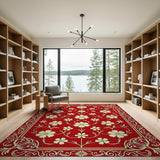 Red Floral Vintage Area Rug with Cream Daisies
