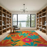Vibrant Orange Teal Leaf Flower Area Rug