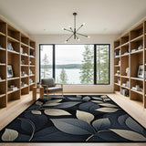 Modern Blue Teal Leaves Area Rug on Black