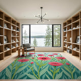 Vibrant Pink Poppy Meadow Area Rug