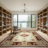 Elegant Ivory Peony Floral Area Rug with Burgundy Border