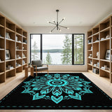 Teal Mandala Geometric Area Rug on Black