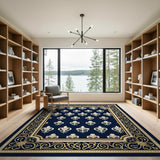 ODIKA Navy Blue Vintage Fleur-de-Lis Washable Non-Slip Low Pile Rug