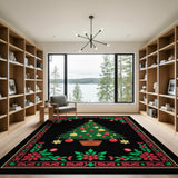 Festive Christmas Tree Area Rug with Poinsettia Border