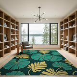 Teal Yellow Monstera Leaf Area Rug
