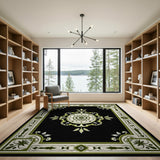 Elegant Black Persian Rug with Green Floral Medallion