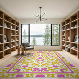 Pink Gold Ornate Floral Border Rug