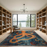 Orange Octopus Blue Distressed Vintage Area Rug