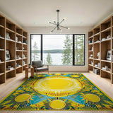 Vibrant Central Sun with Fish Motif Area Rug