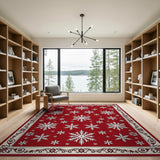 Festive Red Snowflake Area Rug with Ornate Vintage Border