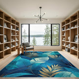 Blue Teal Gold Leaf Area Rug