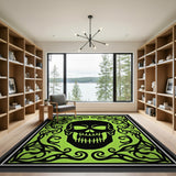 Tribal Black Skull on Vibrant Green Rug