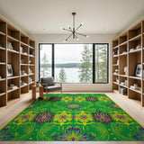 Vibrant Green Floral Area Rug with Purple Blooms