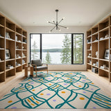 Teal Abstract Wavy Lines Area Rug with Dots
