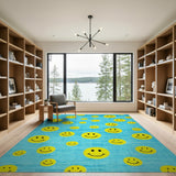 Cheerful Yellow Smiley Faces Teal Area Rug