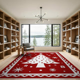 Red Christmas Tree Holiday Area Rug with Snowflakes