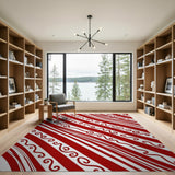 Red White Diagonal Swirl Stripe Area Rug