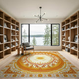 ODIKA Washable Area Rug - Golden Sunburst Mandala Design, Low Pile & Non-Slip