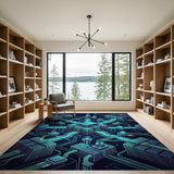 Futuristic Teal Data Center Geometric Area Rug