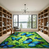 Vibrant Blue Butterflies Lush Green Leaves Area Rug