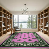 Pink Fleur-de-Lis Damask Rug with Ornate Green Border