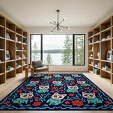 Whimsical Navy Lucky Cat Floral Pattern Rug