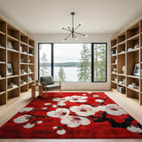 Red Plum Blossom Area Rug with Geometric Lattice