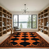 Vibrant Orange Black Geometric Lattice Area Rug
