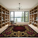 Ornate Gold Baroque Frame Rug with Red Leaves