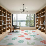 Coral Bloom Teal Leaf Watercolor Area Rug