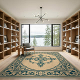 Ornate Teal Floral Medallion Beige Area Rug