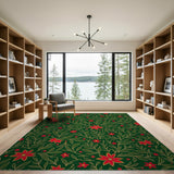 Festive Red Poinsettia Green Leaf Pattern Area Rug