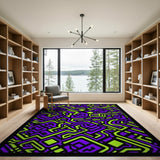 Purple Neon Green Geometric Maze Area Rug