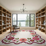 Pink Scalloped Floral Border Area Rug