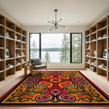 Fiery Orange Red Tribal Swirl Area Rug