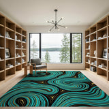 Teal Swirl Abstract Area Rug with Gold Accents